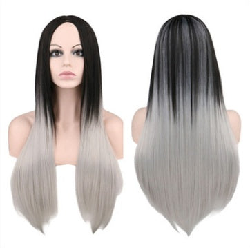 Straight hair black gray gradient color synthetic high temperature silk wig