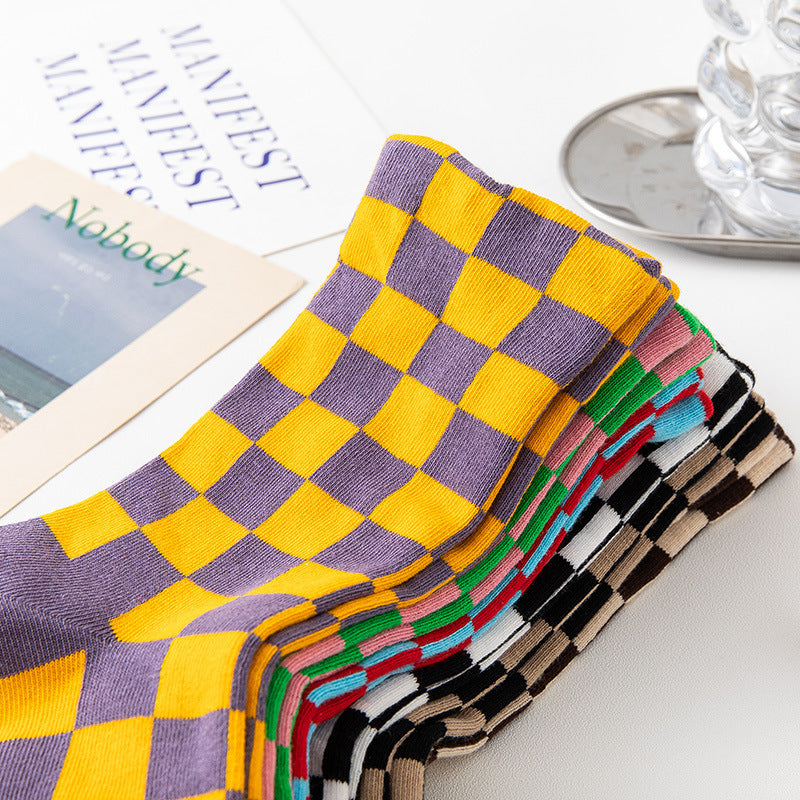 Chessboard Plaid Contrast Color Tube Socks