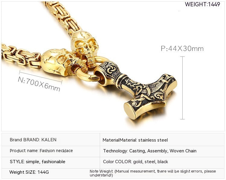 Titanium Steel Thors Hammer Skull Necklace