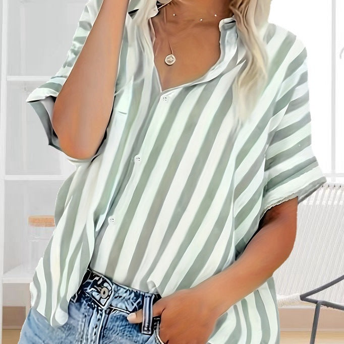 Fashion Elegant Comfortable Button Striped Plus Size Summer Shirt