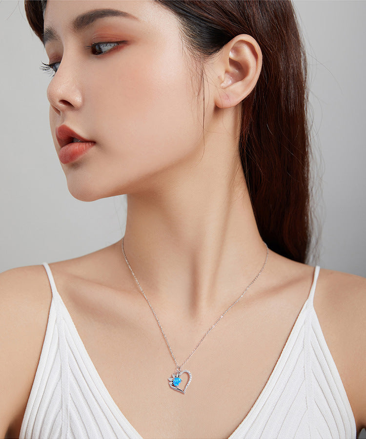 White Gold Plated Blue Opal Zircon Heart-shaped Pure Necklace