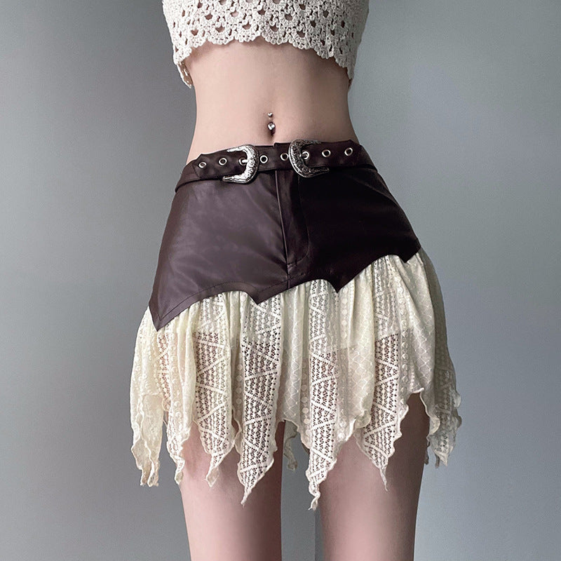 One-piece Leather Irregular Lace Skirt