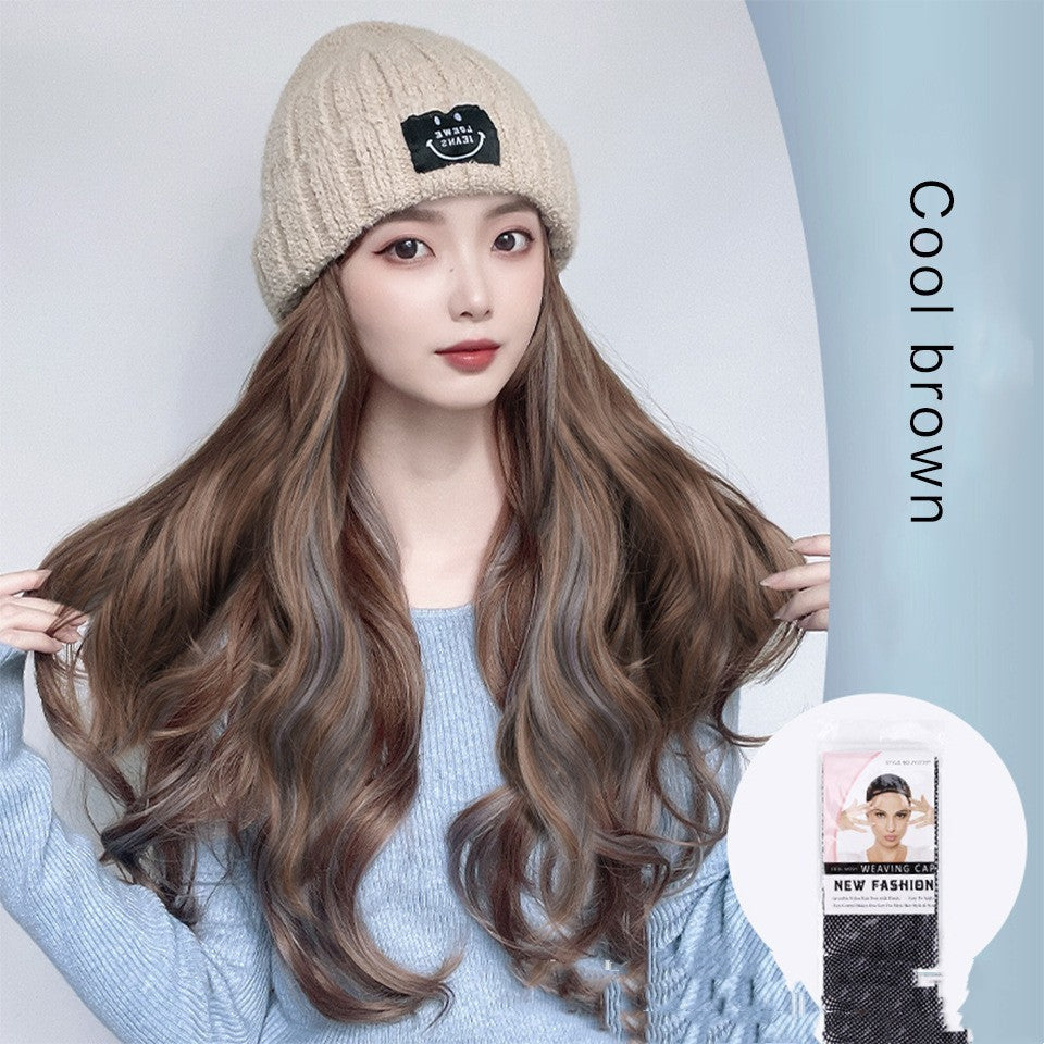 Winter Fashion Beige Knit Pick Dye Gradient Long Curly Hair Hundred Take Wig Hat