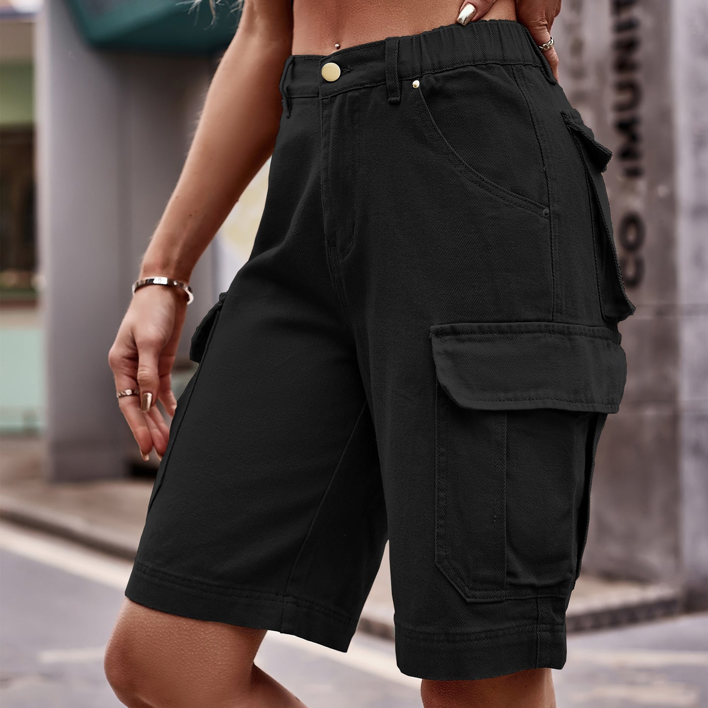 Women's Elastic Waist Denim Cargo Shorts