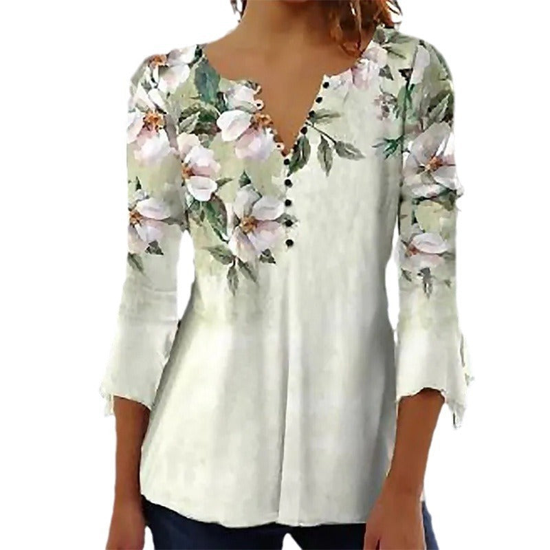 Button V-neck Flared Sleeve Shirt