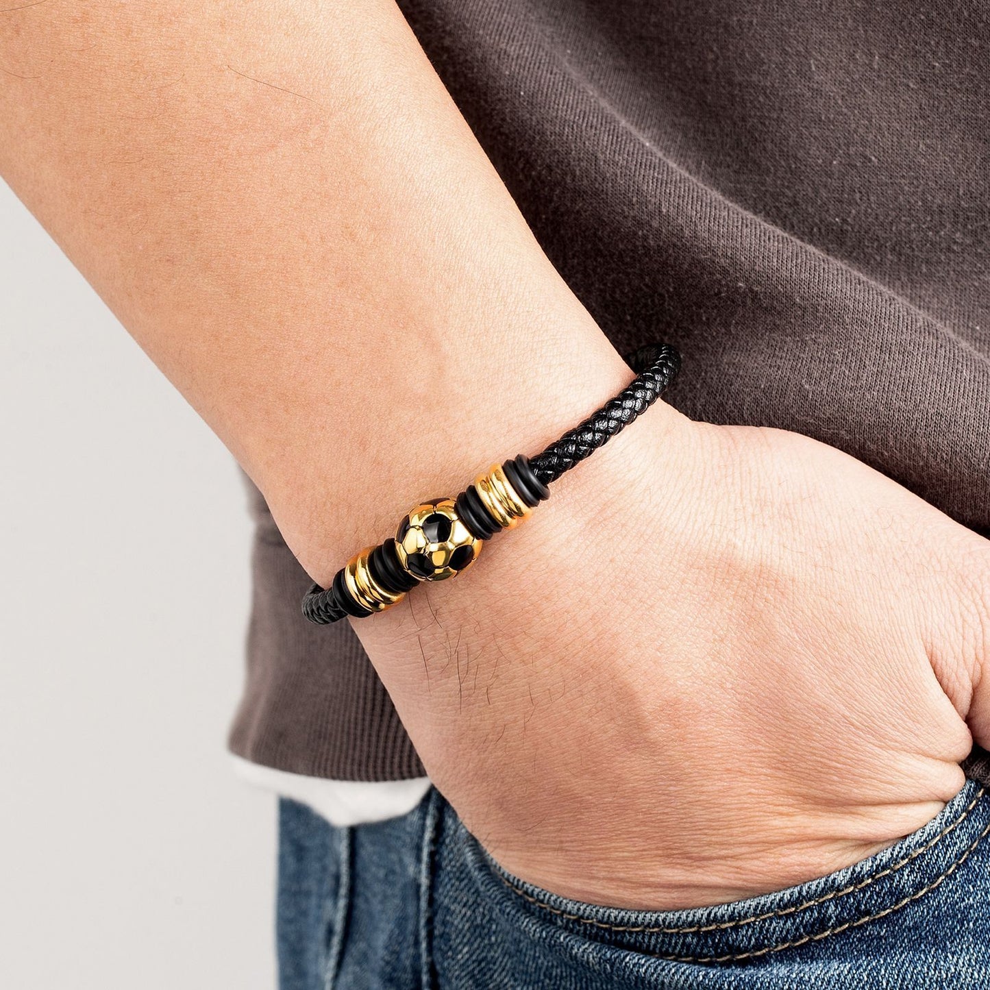 Stainless Steel / Leather Football Bracelet