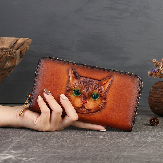 Genuine Leather Cat Embossed Multi-card-slot Card Holder