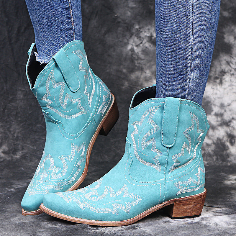 Pointed Embroidered Chunky Heel Leather Boots