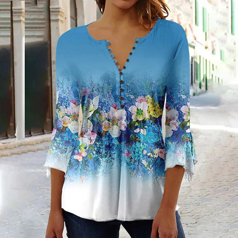 Button V-neck Flared Sleeve Shirt