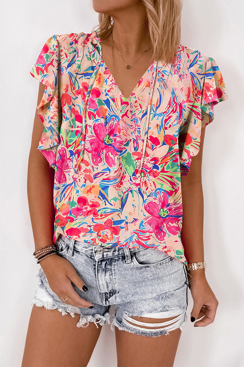 Thin V-neck Ruffled Printed Short-sleeved Shirt