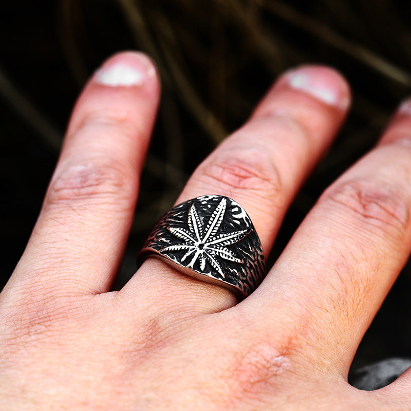 Rustic Stainless Steel Marijuana Leaf Ring