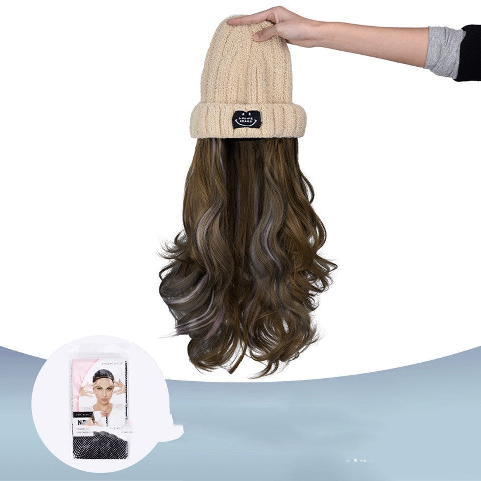 Winter Fashion Beige Knit Pick Dye Gradient Long Curly Hair Hundred Take Wig Hat