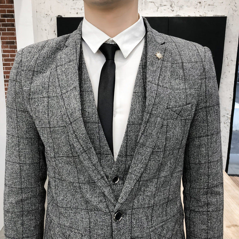 Men's Plaid Slim Fit Three-piece Suit