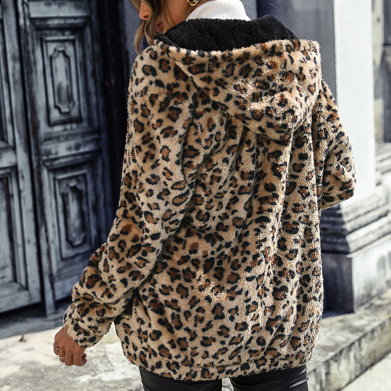 Women's Hooded Leopard Print Double-sided Velvet Loose Casual Jacket