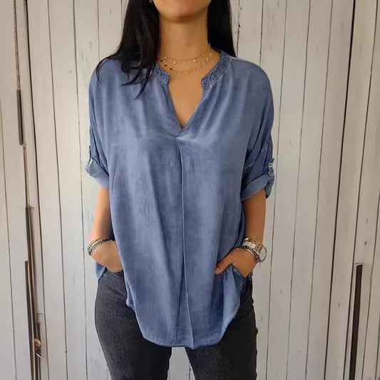 V-neck Cotton And Linen Pure Plus Size Shirt