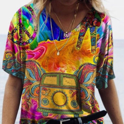 Summer Fashion Casual V-neck Women's Printed Tie-dye Short-sleeved T-shirt