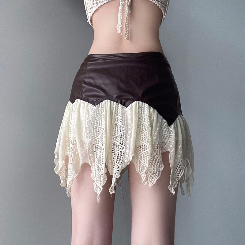 One-piece Leather Irregular Lace Skirt