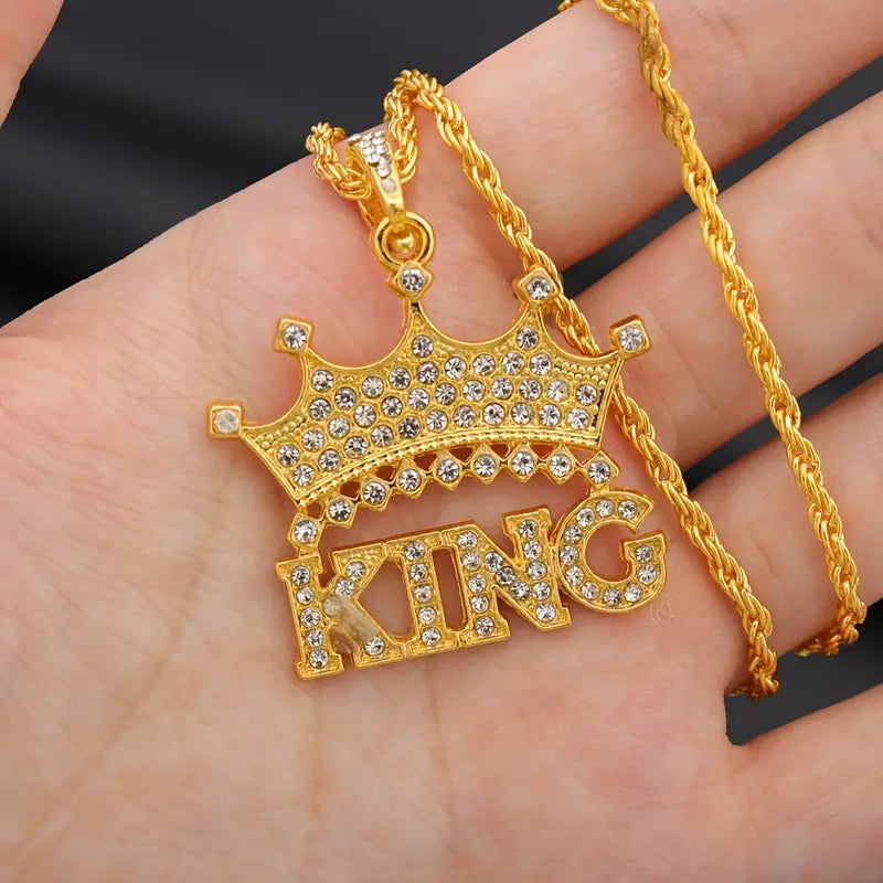 Rhinestone Diamond Crown King Pendant Necklace.