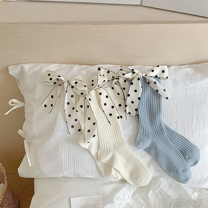 Thin Pure Cotton Polka Dot Bow Socks