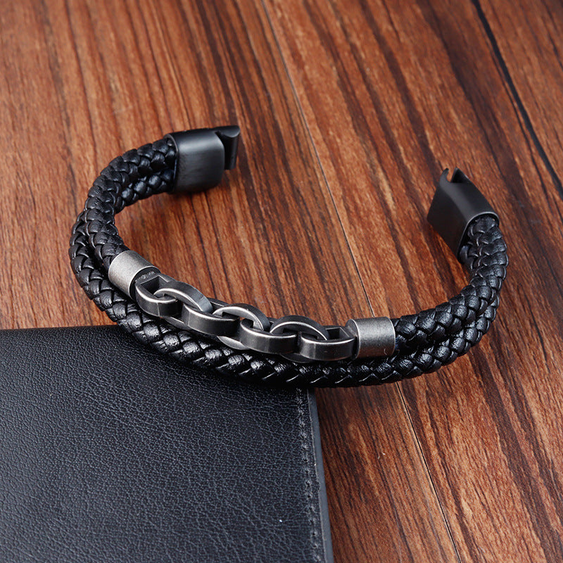 Black Genuine Leather Chain Bracelet