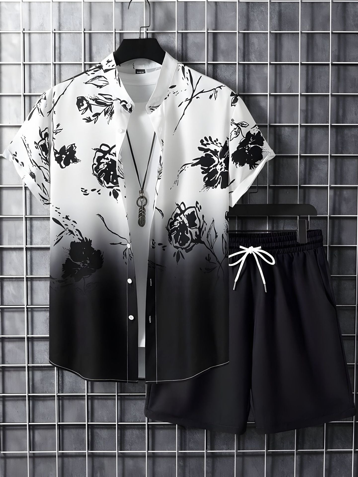 Black And White Striped Hawaiian Men's Shirt Set