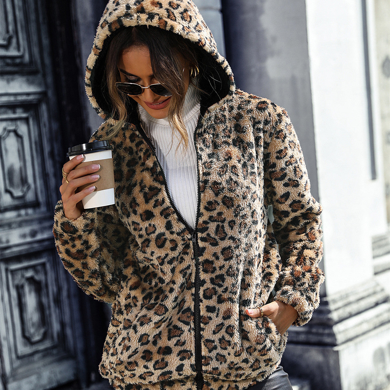 Women's Hooded Leopard Print Double-sided Velvet Loose Casual Jacket