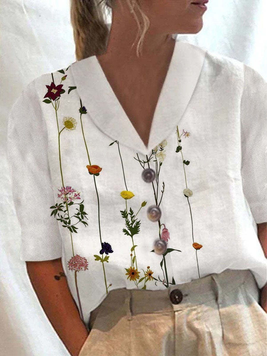 Cotton and Linen Printed Short-sleeved Shirt