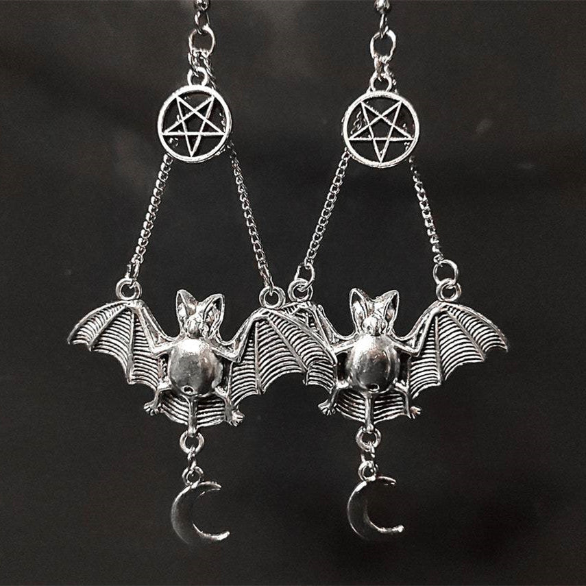 Pentagram Bat Moon Charm Earrings