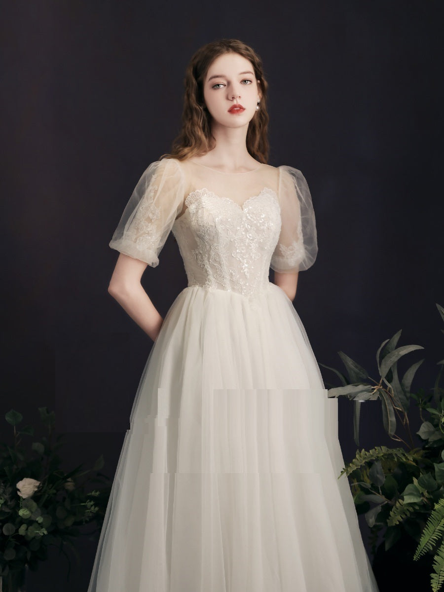 Lantern Bubble Sleeve White Yarn Mid-length Bridal Gown