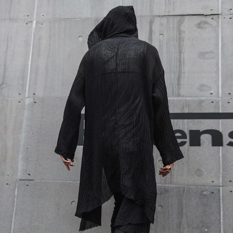 Men's New Clothes Pleated Woven Cotton Black Hooded Jacket