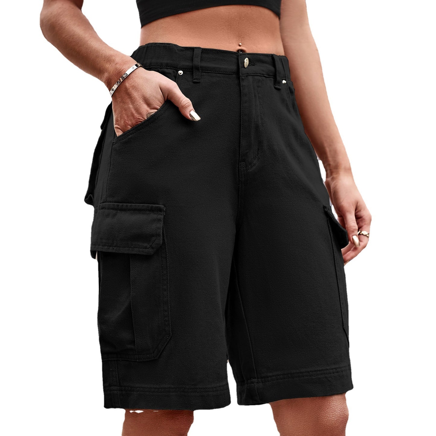 Women's Elastic Waist Denim Cargo Shorts