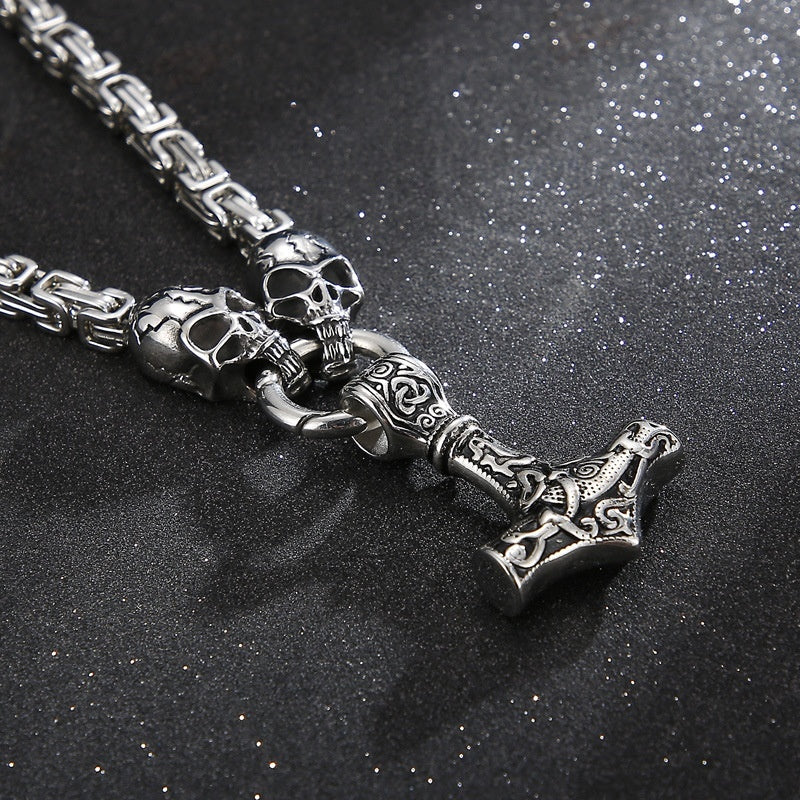 Titanium Steel Thors Hammer Skull Necklace