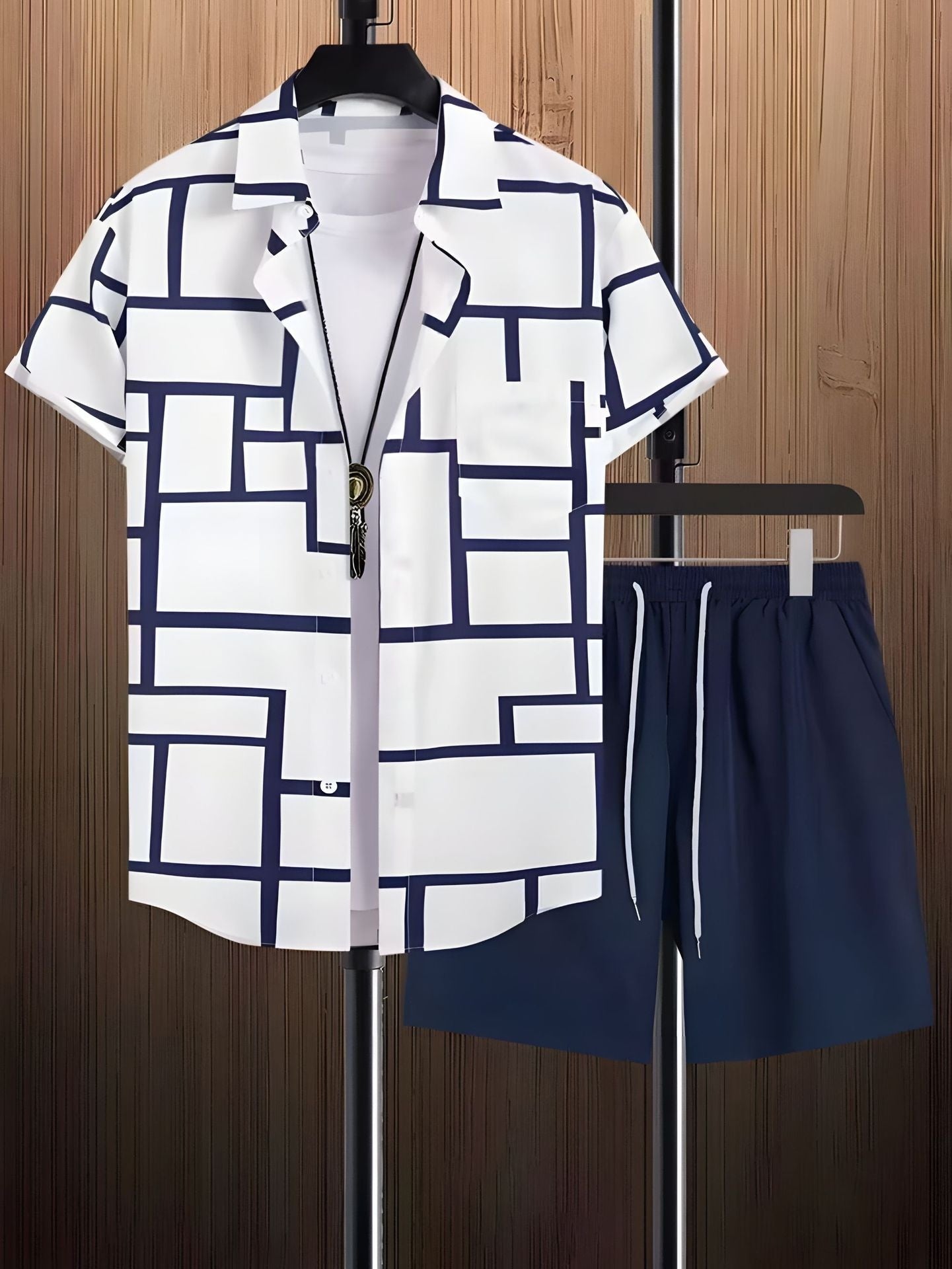 Black And White Striped Hawaiian Men's Shirt Set