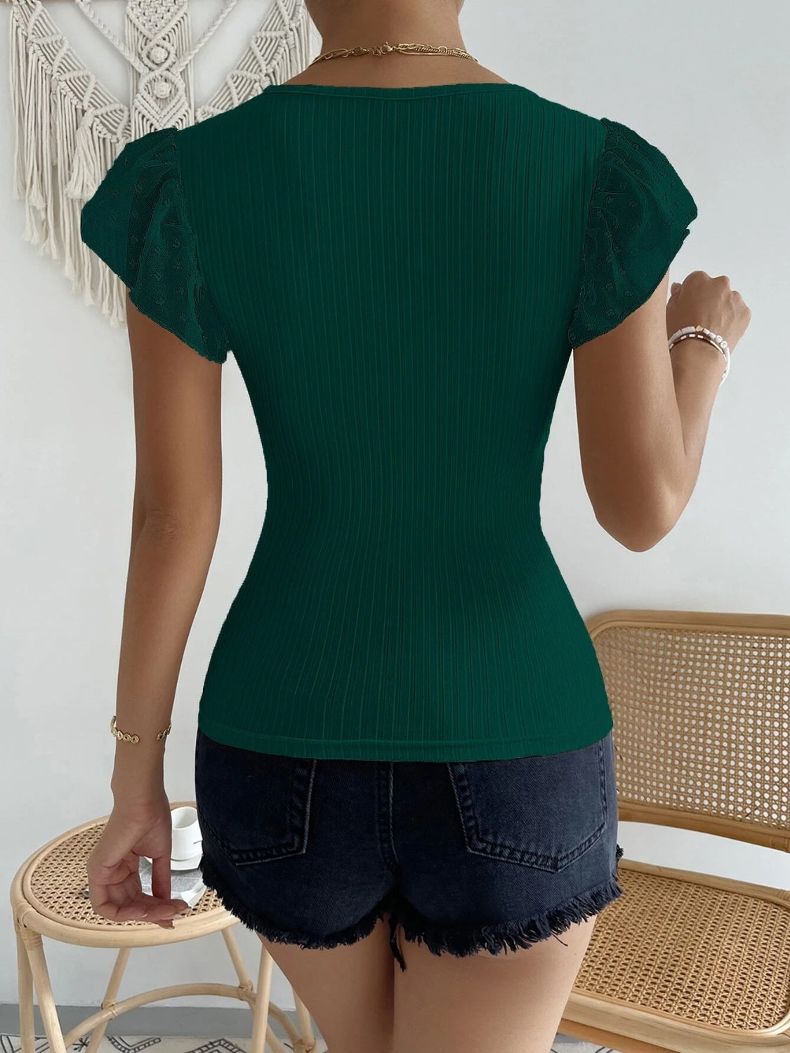 Swiss Dot Round Neck Cap Sleeve Top