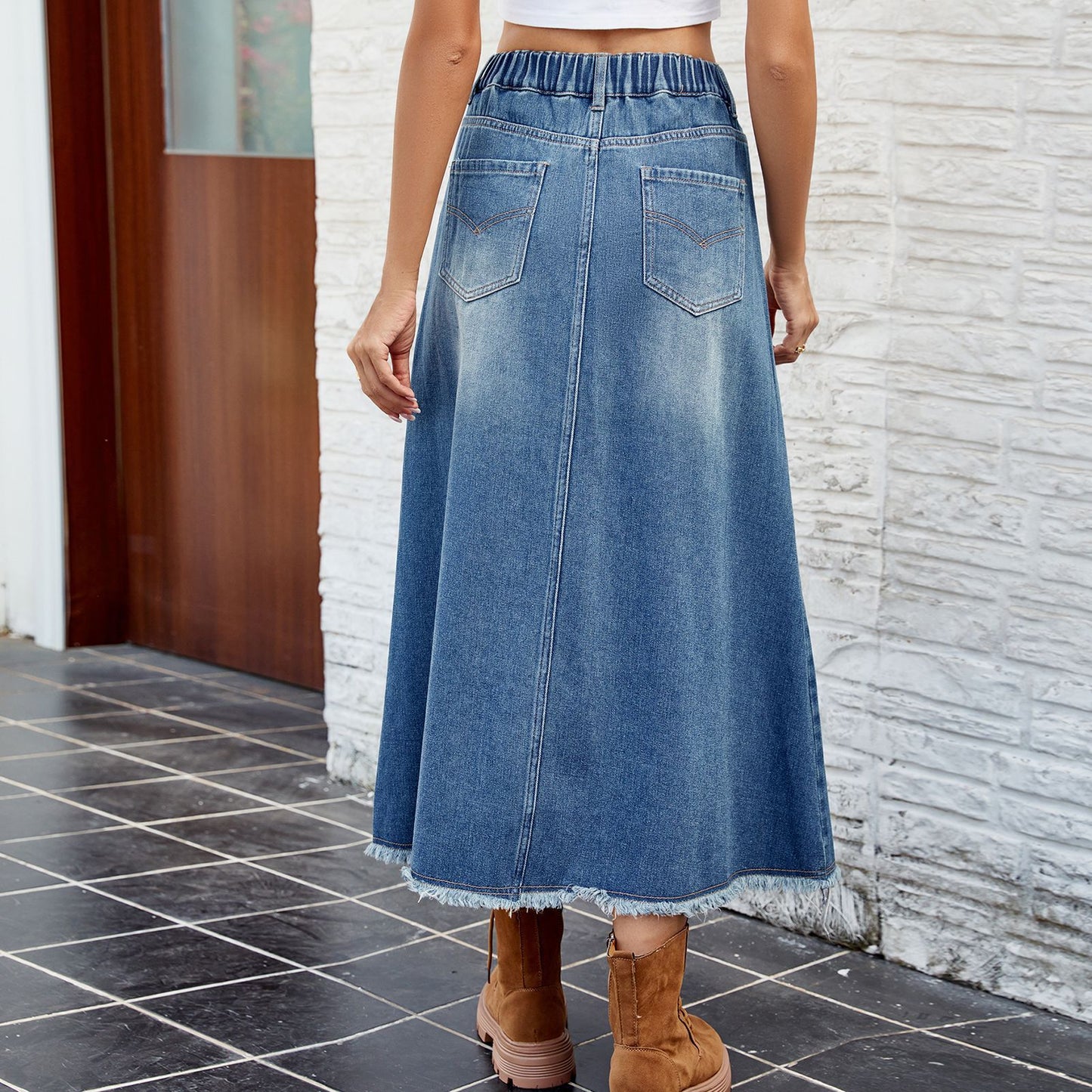 Washed Frayed Hem Denim Skirt Midi Skirt