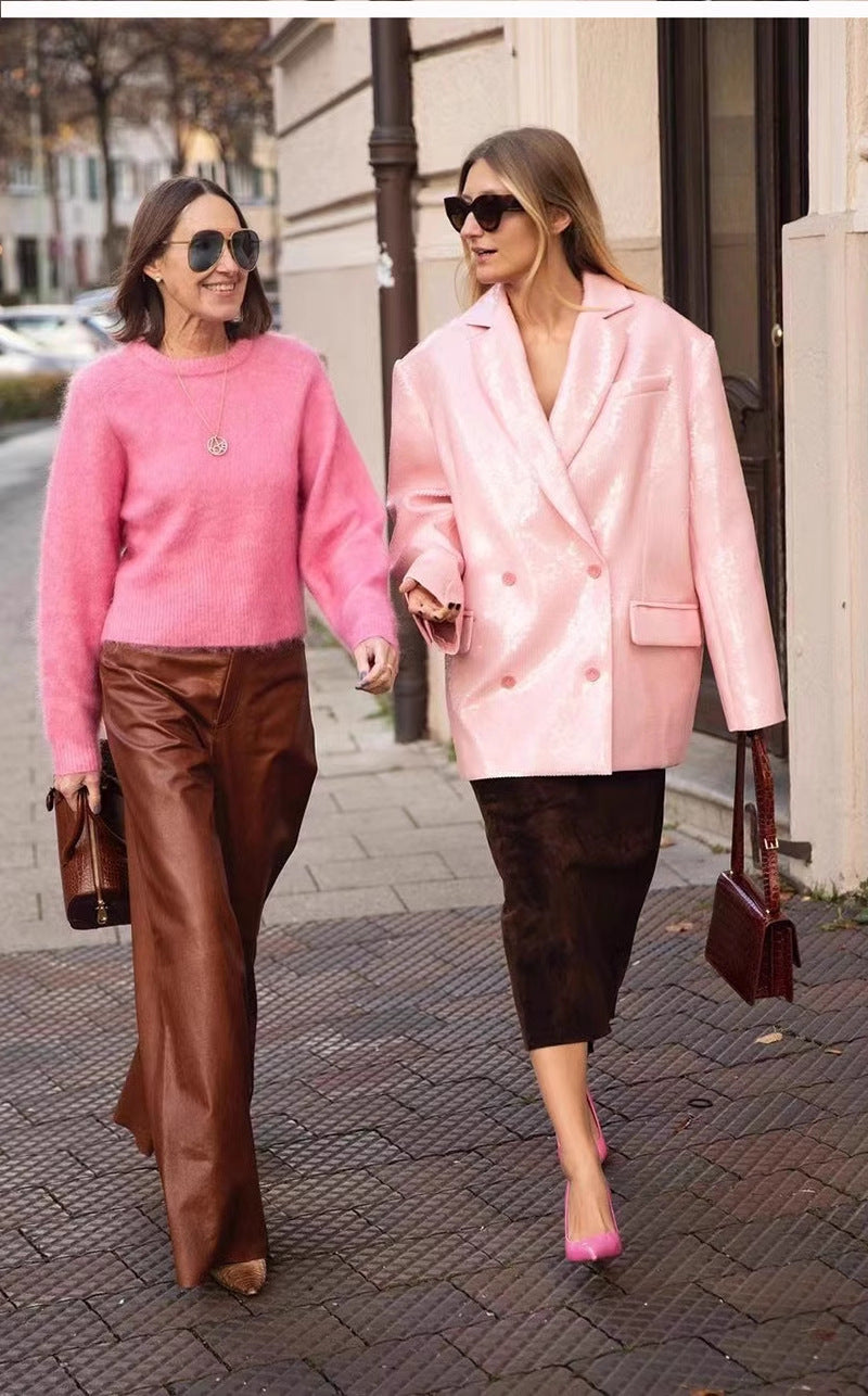 Double-breasted Pink Sequined Blazer