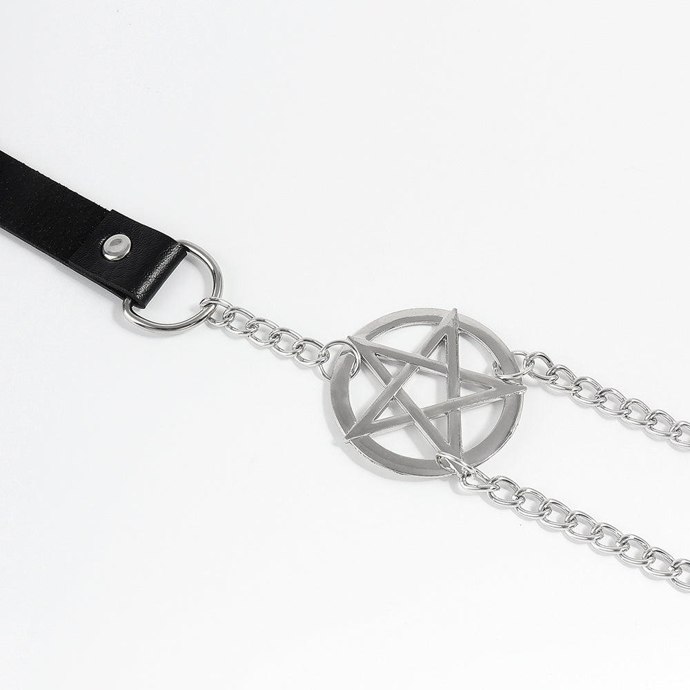 Sexy Ladies Black Leather Chest Pentagram Metal Chain Belt Harness