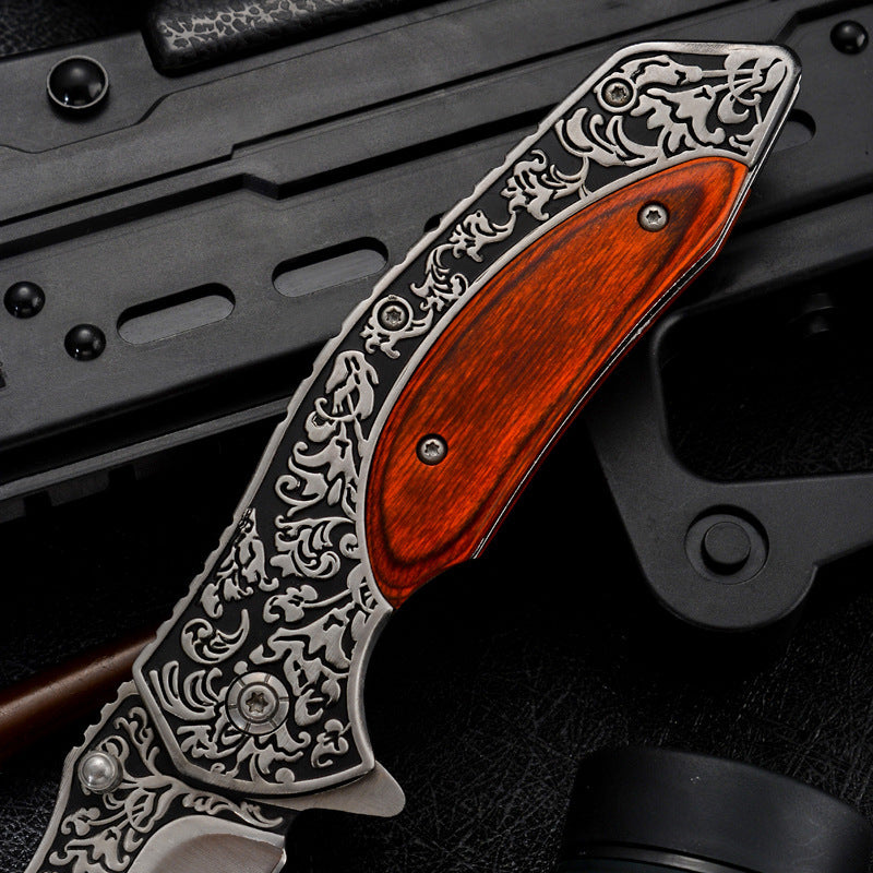 Steel Carved Wooden Handle High Hardness Folding Knife