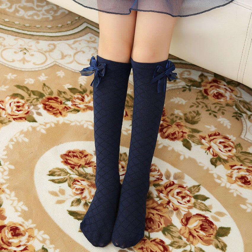 Diamond Mesh Combed Cotton Thigh High Socks