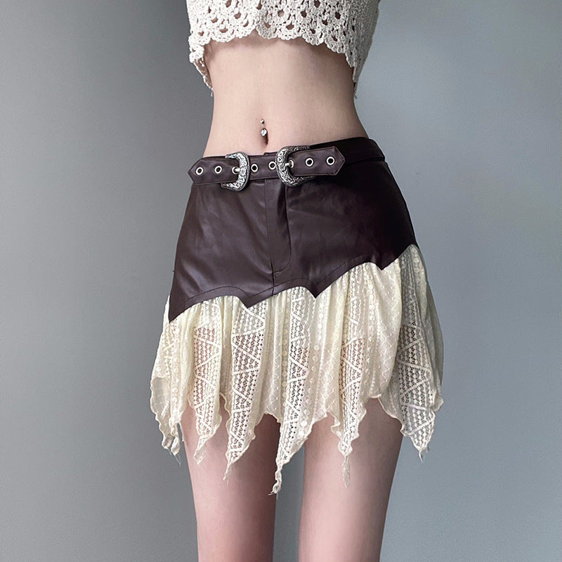 One-piece Leather Irregular Lace Skirt