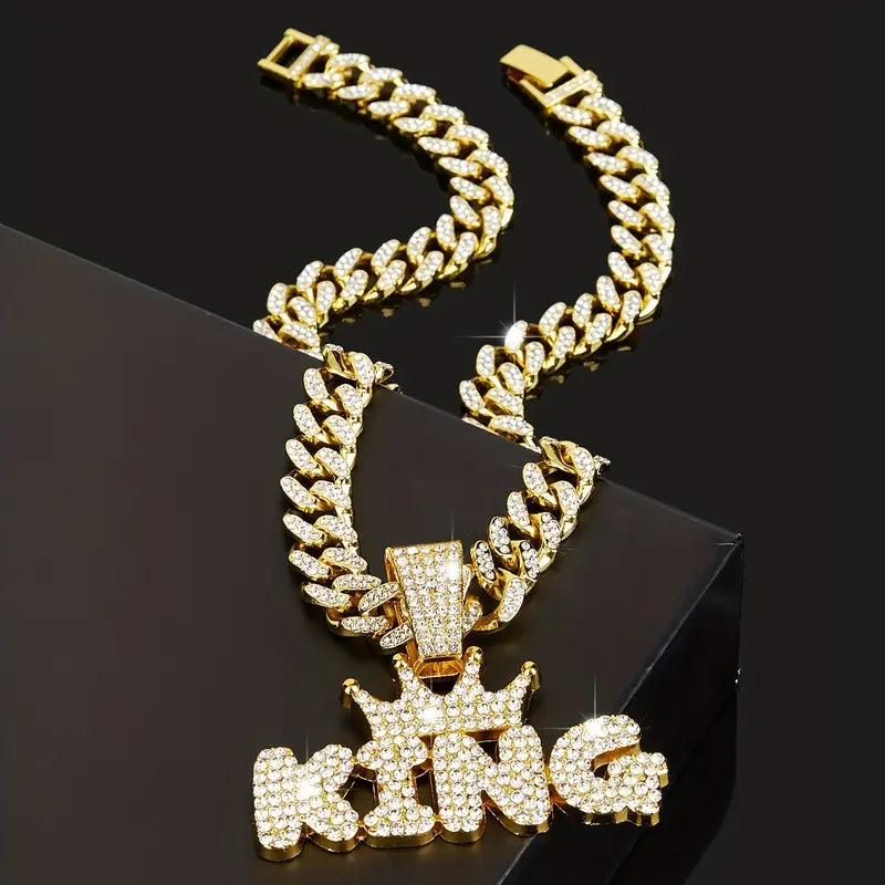 Rhinestone Crown KING Pendant & Rhinestone Cuban Chain Necklace.