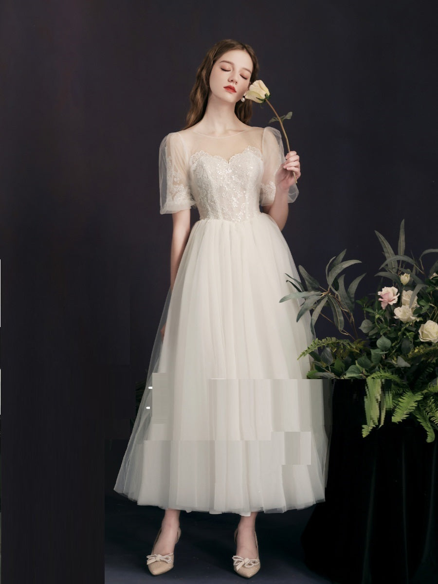 Lantern Bubble Sleeve White Yarn Mid-length Bridal Gown