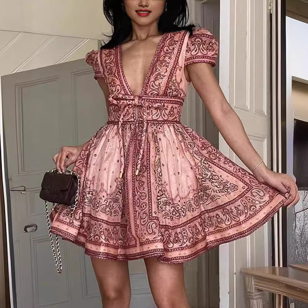 V-neck Printed Short-sleeved Lace-up Dress