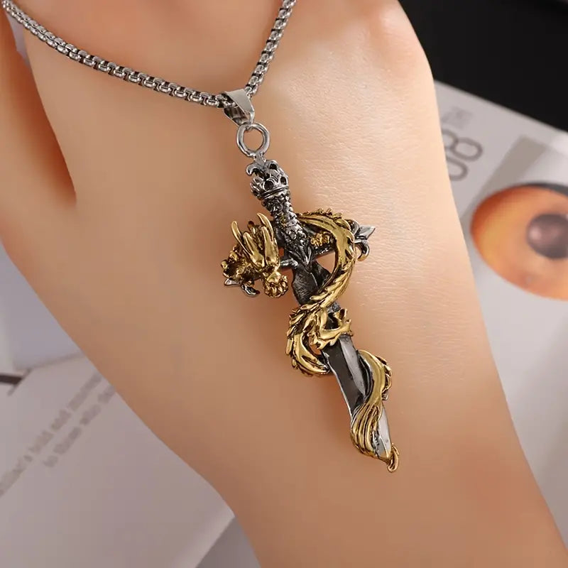 Chinese Dragon Holy Sword Pendant Necklace.