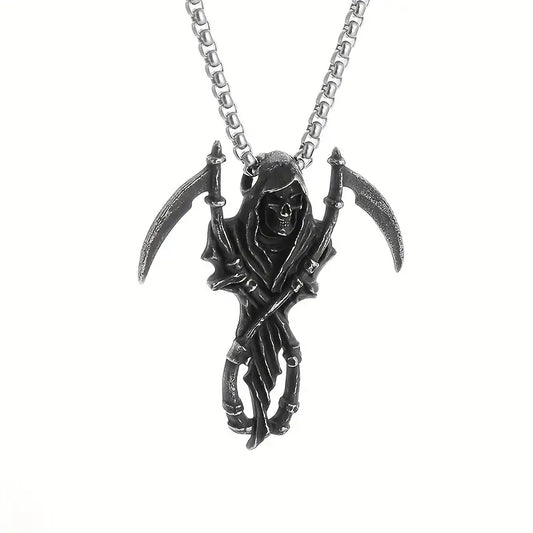 Grim Reaper Double Scythe Skull Hell Demon Necklace.