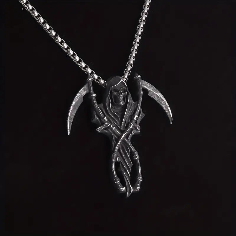 Grim Reaper Double Scythe Skull Hell Demon Necklace.