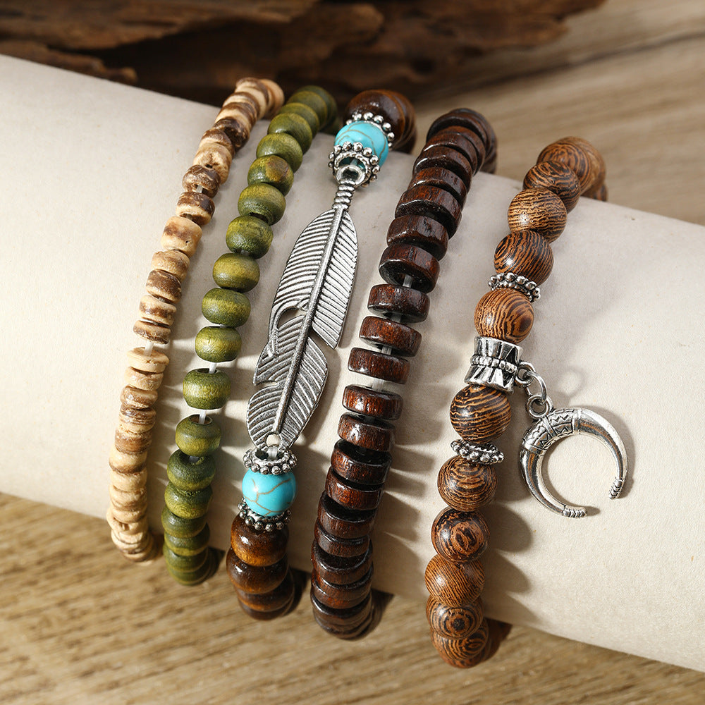 Bohemian Feather Crescent Wooden Bead Bracelet Set