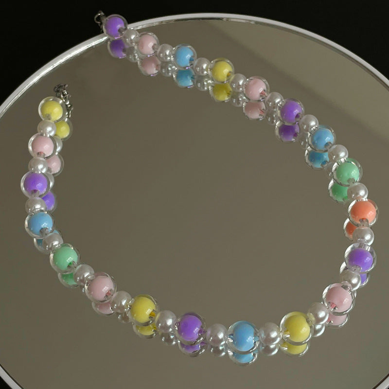 Sweet Cool Acrylic Color Beaded Stitching Pearl Necklace