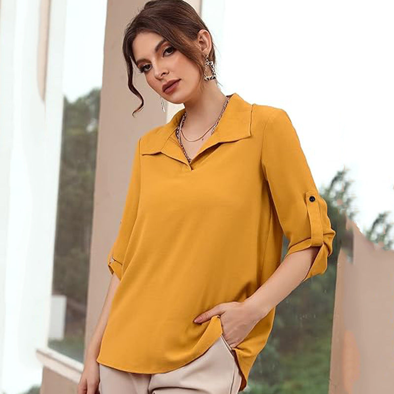 Polo Collar Casual Loose Three-quarter Sleeve Top