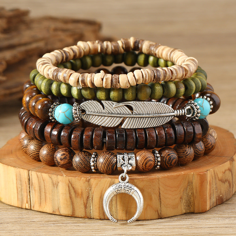 Bohemian Feather Crescent Wooden Bead Bracelet Set